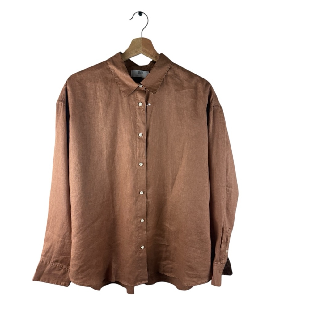 Uniqlo Womens Large  100% Linen Button Up Shirt Long Sleeve Top Blouse NWOT - Picture 2 of 6